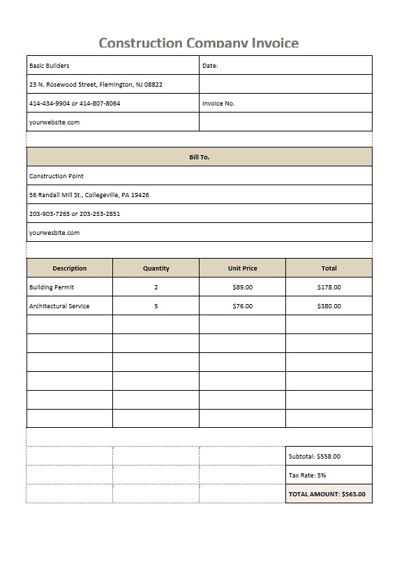 Construction Company Invoice Template PSD template